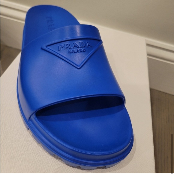 PRADA LOGO BLUE RUBBER SANDALS SLIDES - Picture 7 of 12